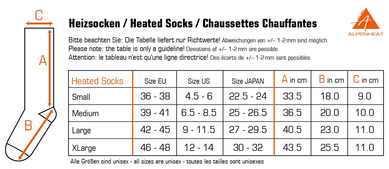 Gr&ouml;&szlig;entabelle f&uuml;r beheizte FireSocks Alpenheat Leisure-Socken